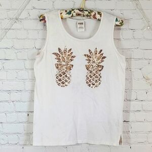 2015 Victoria's Secret PINK Sequins Gold Pineapple Tank Top Womens Size Small